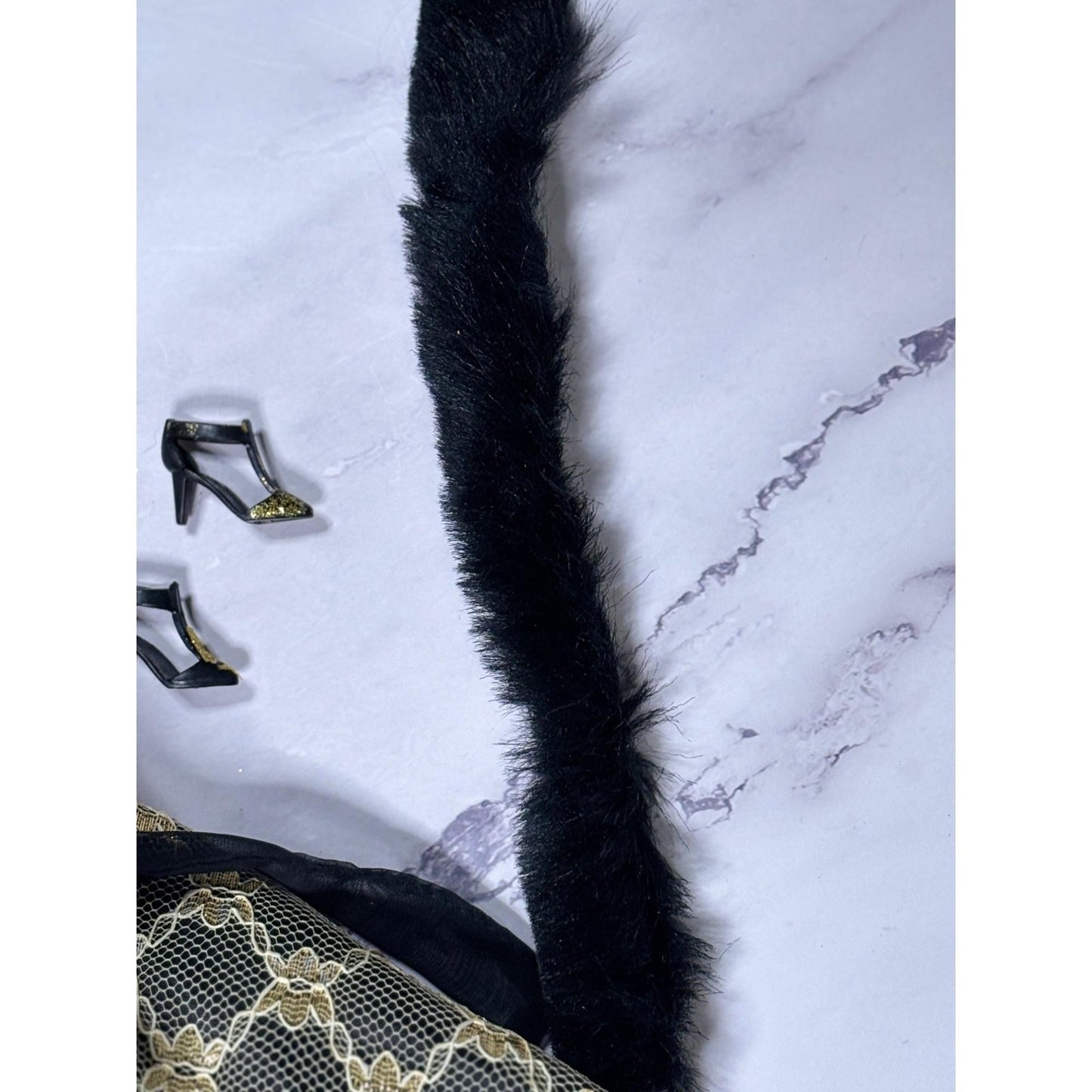 Black Gold Dress Black Hair Barbie Doll glitter Shoes Scarf Wrap Shawl