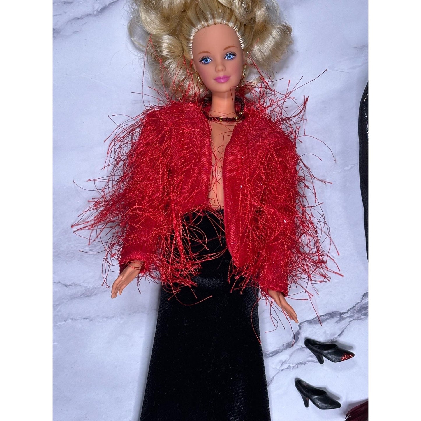 Red and Black Blonde Barbie Doll glitter Shoes Dress Scarf Wrap Shawl furry coat