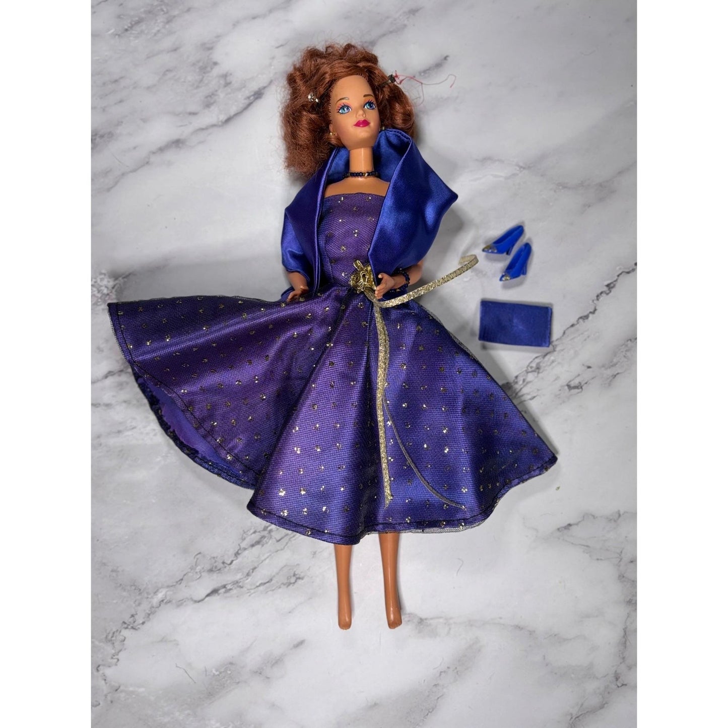 Purple Gold Dress Brunette Hair Barbie Doll glitter Shoes Scarf Wrap Shawl Purse
