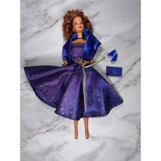 Purple Gold Dress Brunette Hair Barbie Doll glitter Shoes Scarf Wrap Shawl Purse