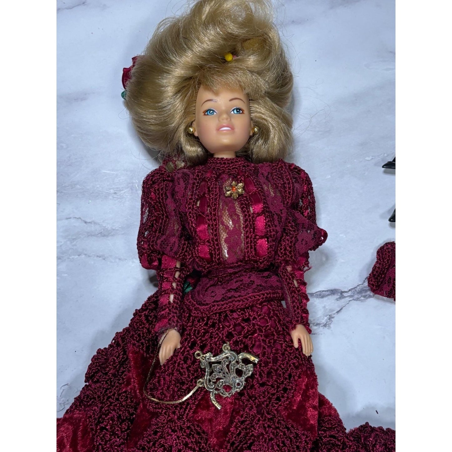 Red Dress Blonde Hair Barbie Doll Shoes Purse Hat Flowers Crochet metal