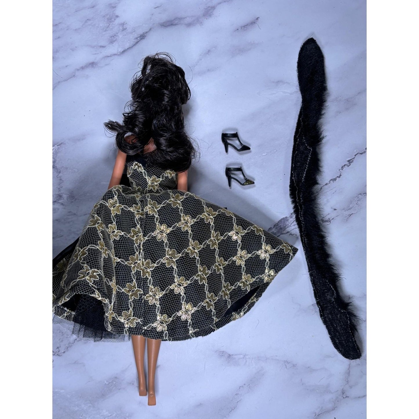 Black Gold Dress Black Hair Barbie Doll glitter Shoes Scarf Wrap Shawl