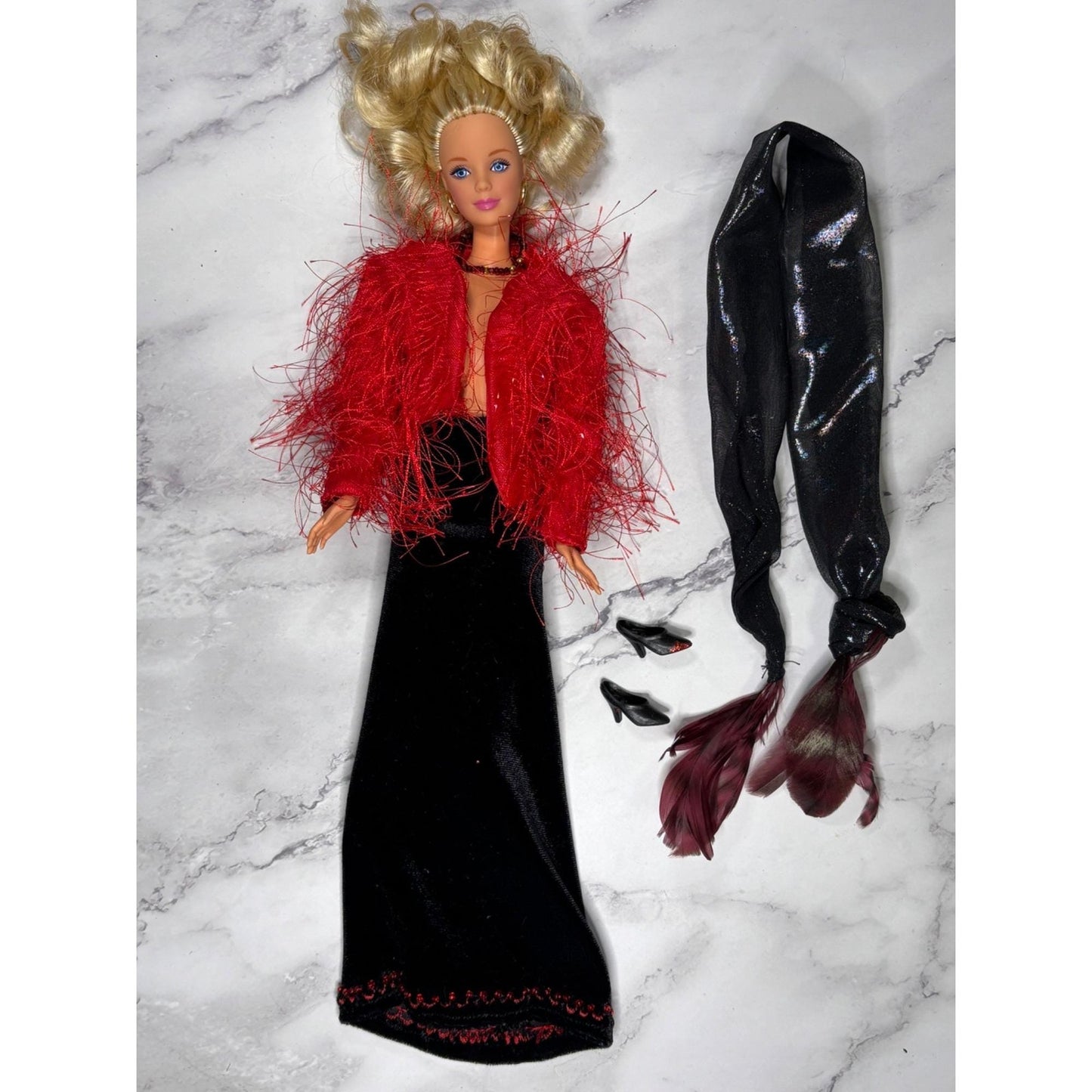 Red and Black Blonde Barbie Doll glitter Shoes Dress Scarf Wrap Shawl furry coat