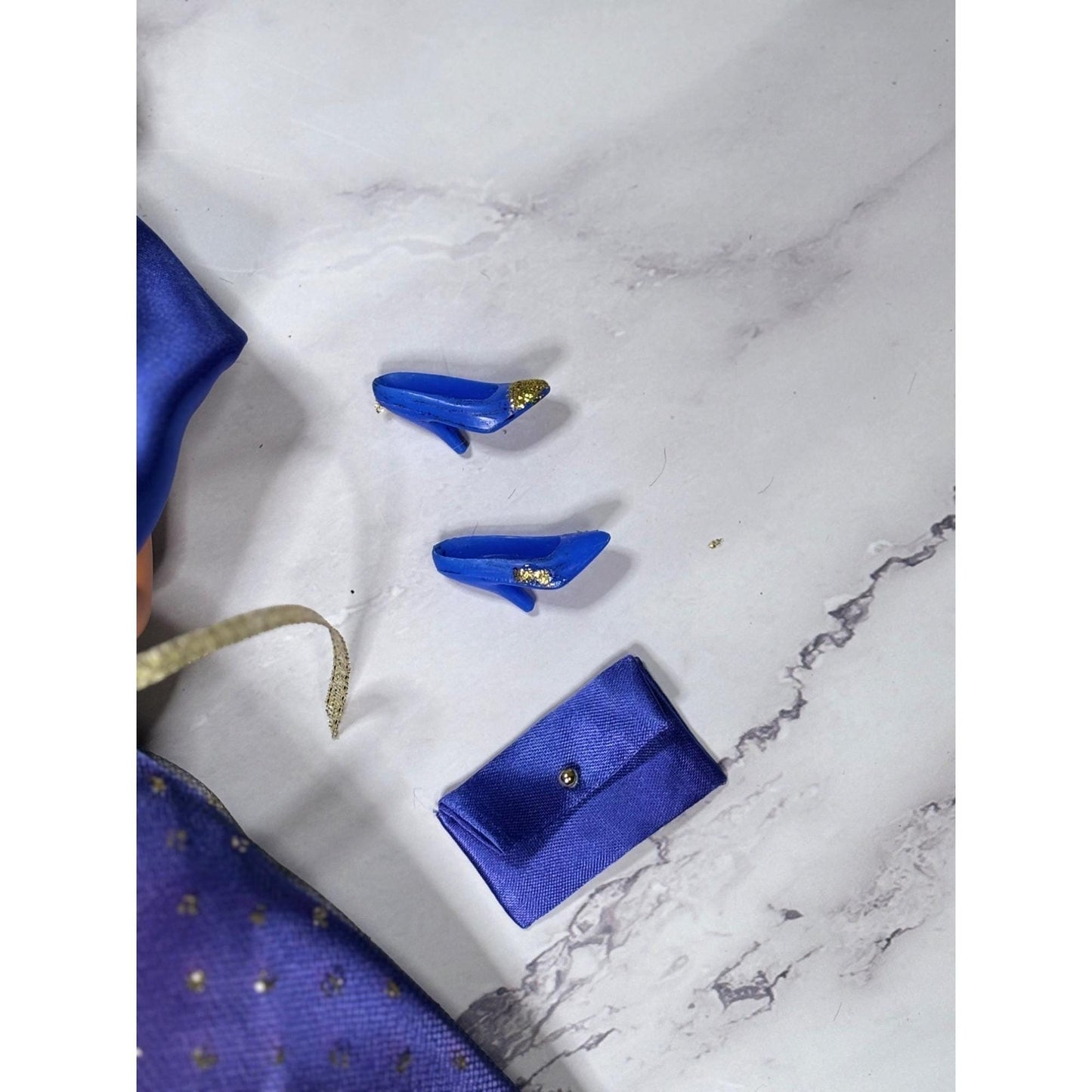 Purple Gold Dress Brunette Hair Barbie Doll glitter Shoes Scarf Wrap Shawl Purse