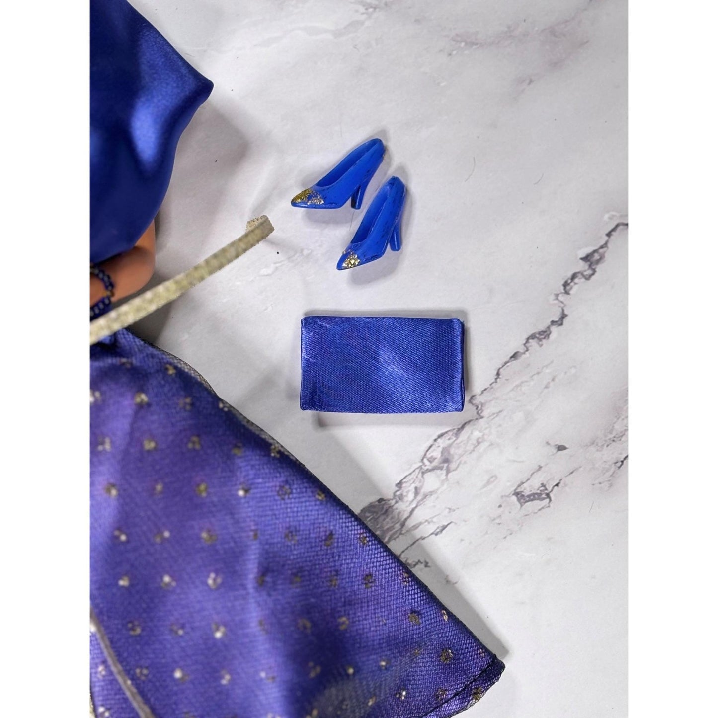 Purple Gold Dress Brunette Hair Barbie Doll glitter Shoes Scarf Wrap Shawl Purse