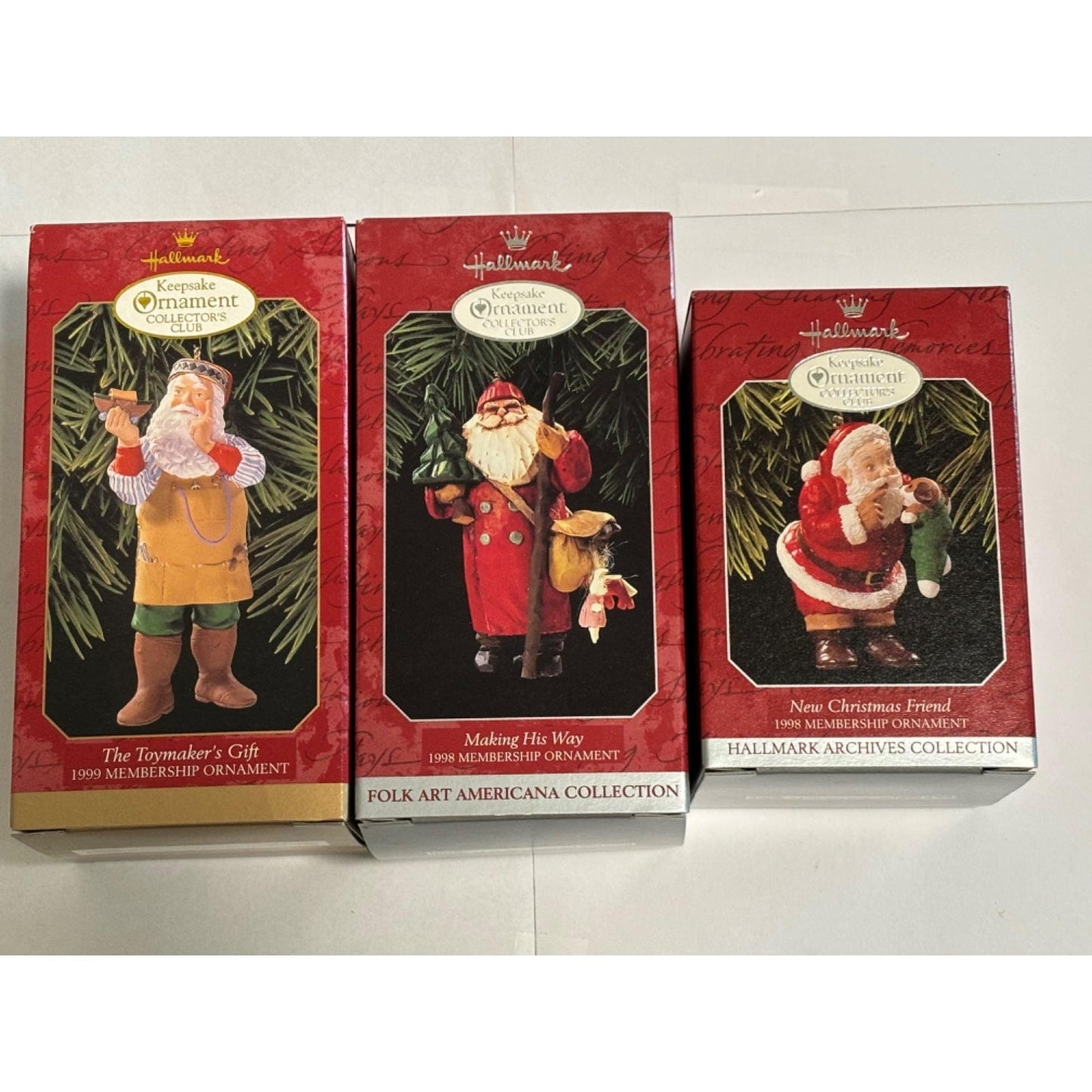Lot of 3 1998 & 1999 Hallmark Membership Santa Ornaments