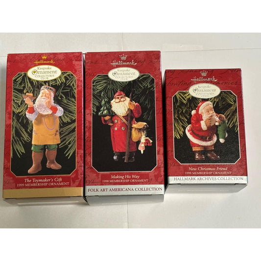 Lot of 3 1998 & 1999 Hallmark Membership Santa Ornaments