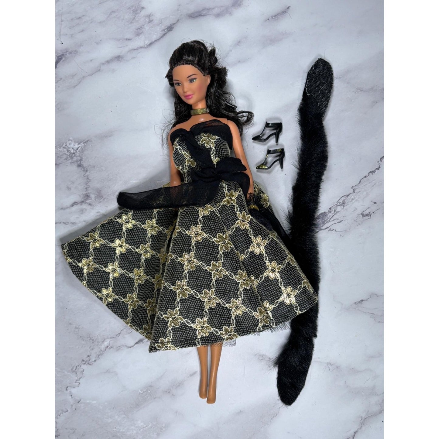 Black Gold Dress Black Hair Barbie Doll glitter Shoes Scarf Wrap Shawl