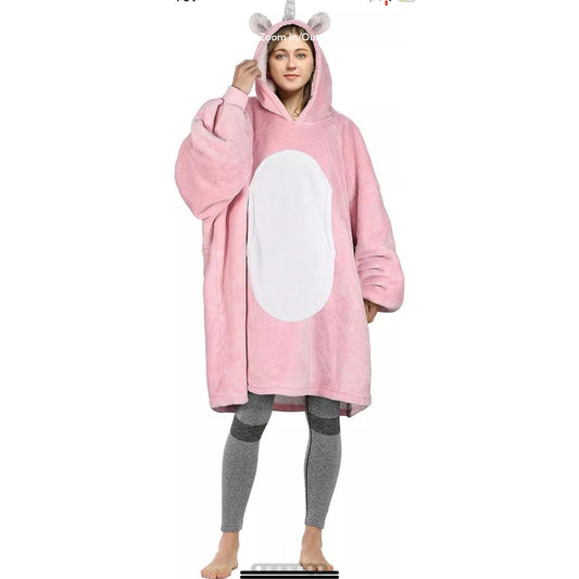 Catalonia Pink Unicorn Fleece Hoodie Sweatshirt Wearable Blanket Hood Sleeves