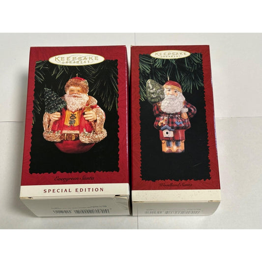 Lot of 2 1996 Hallmark Ornaments Santa Woodland & Evergreen Special ED
