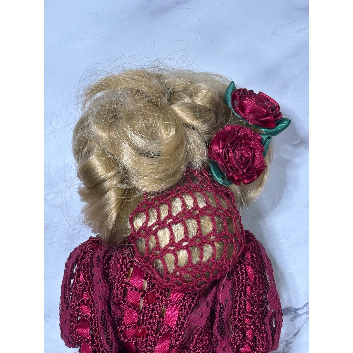Red Dress Blonde Hair Barbie Doll Shoes Purse Hat Flowers Crochet metal