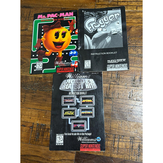 Lot of 3 SNES Super Nintendo Manuals Frogger Mrs Pacman aracdes greatest hits