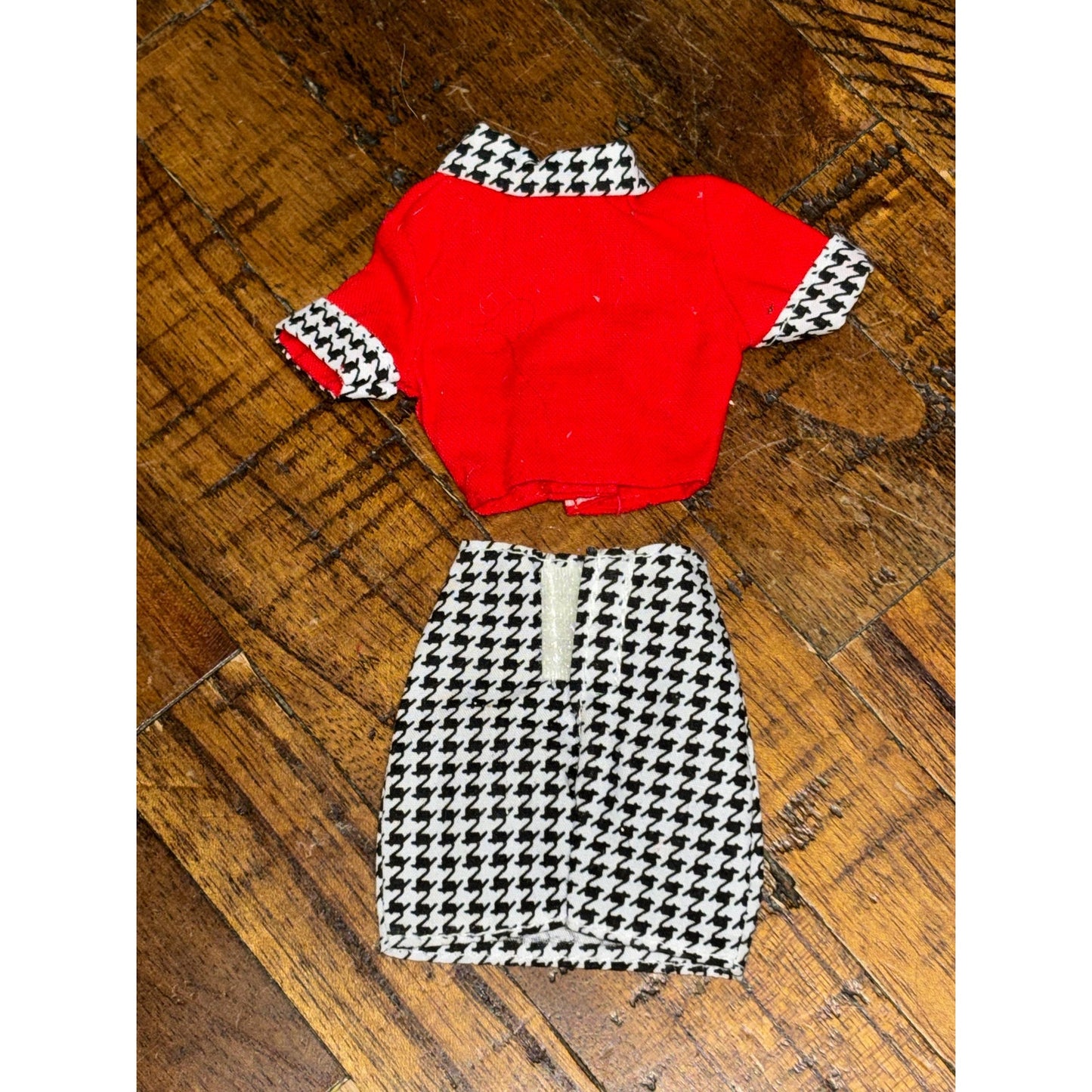 Barbie Vintage Black White Houndstooth Mini Skirt Red Top w/ Matching Trim