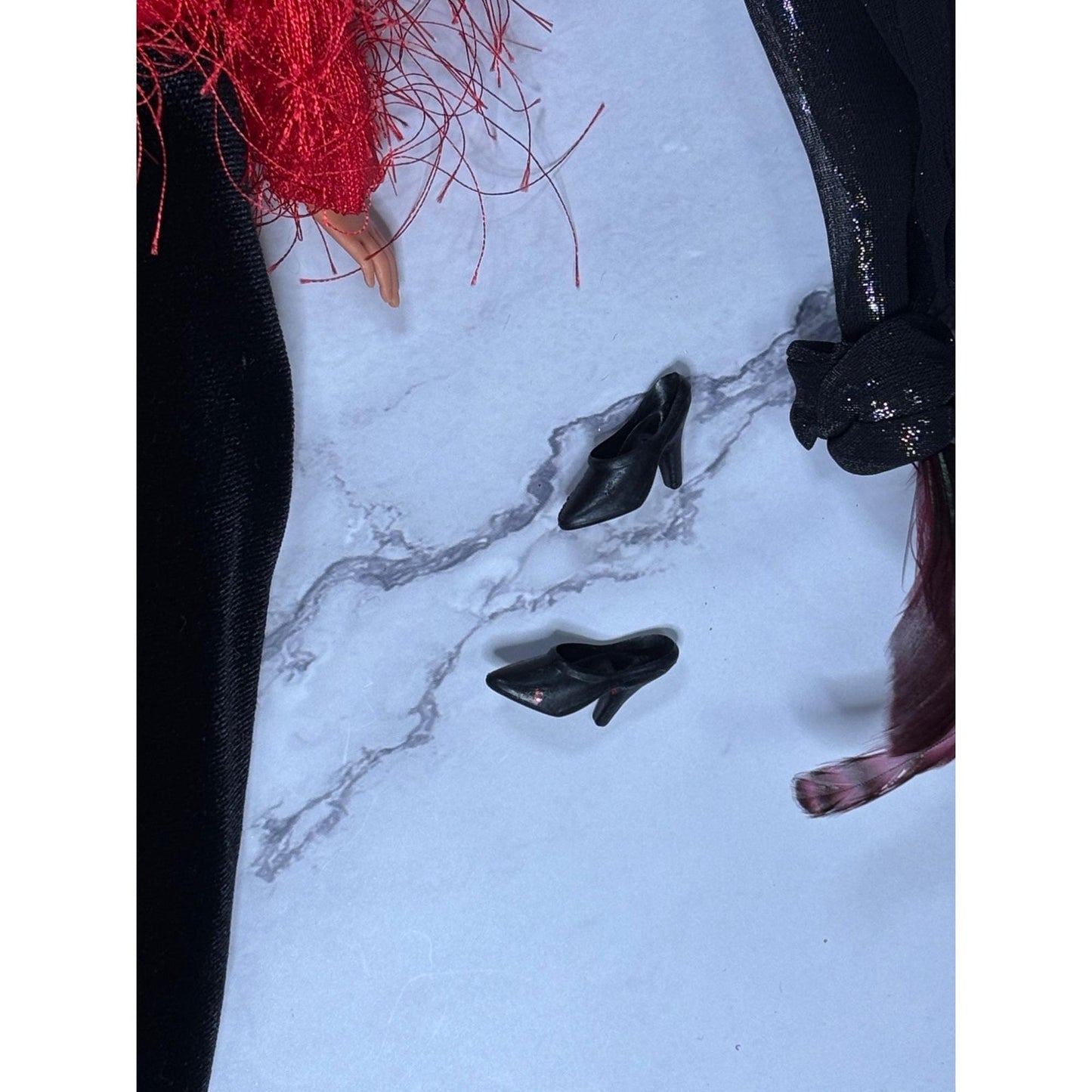 Red and Black Blonde Barbie Doll glitter Shoes Dress Scarf Wrap Shawl furry coat