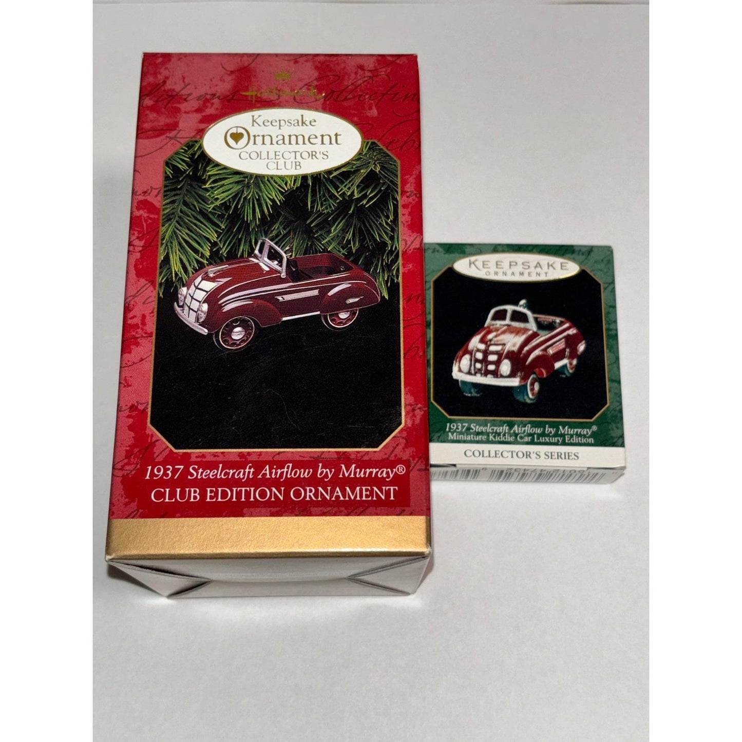 Lot of 2 Hallmark Keepsake Ornaments 1937 Steelcraft Airflow 1999 and 1997