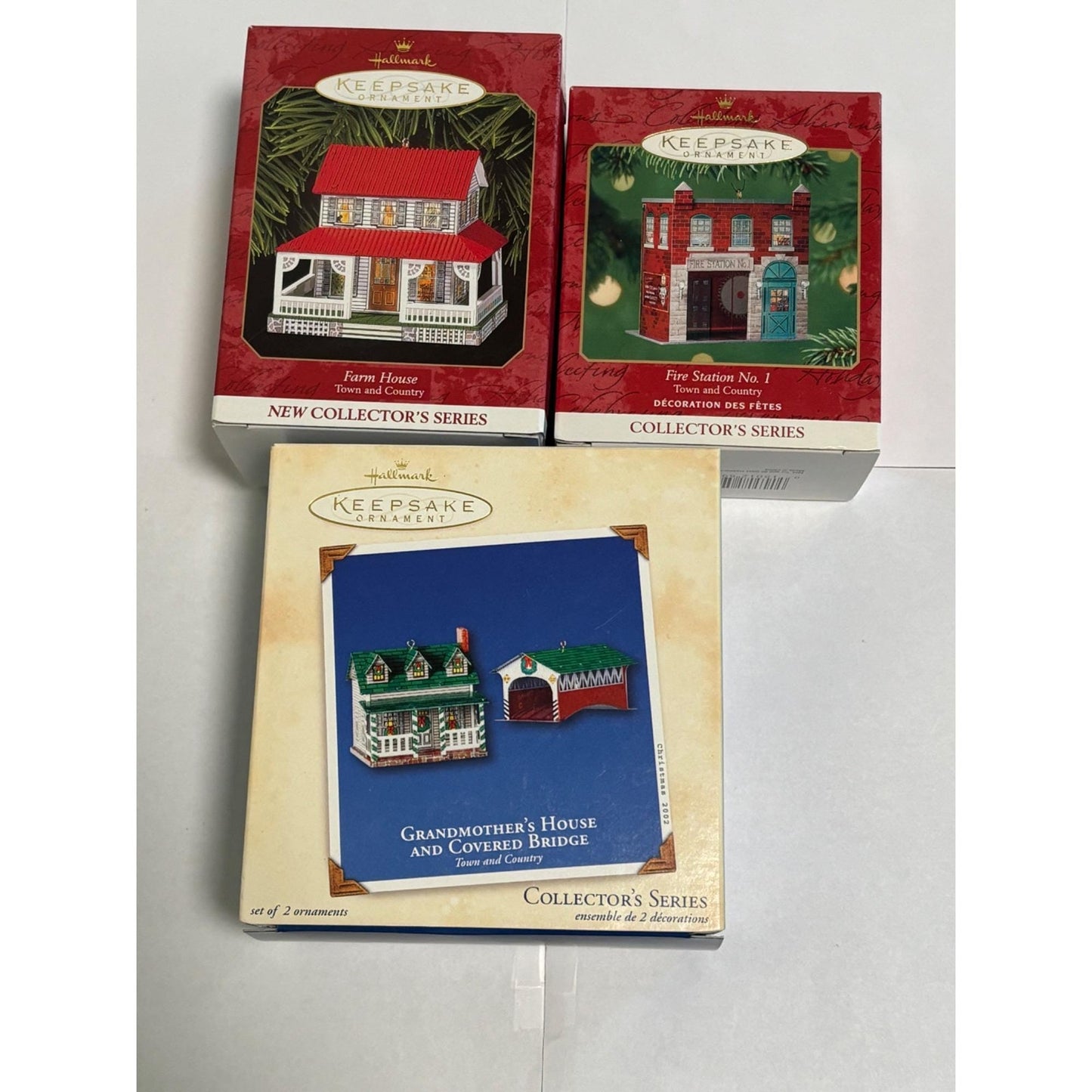 Lot of 3 Hallmark Ornaments Town Country Farm House Fire Station 1 grandma House
