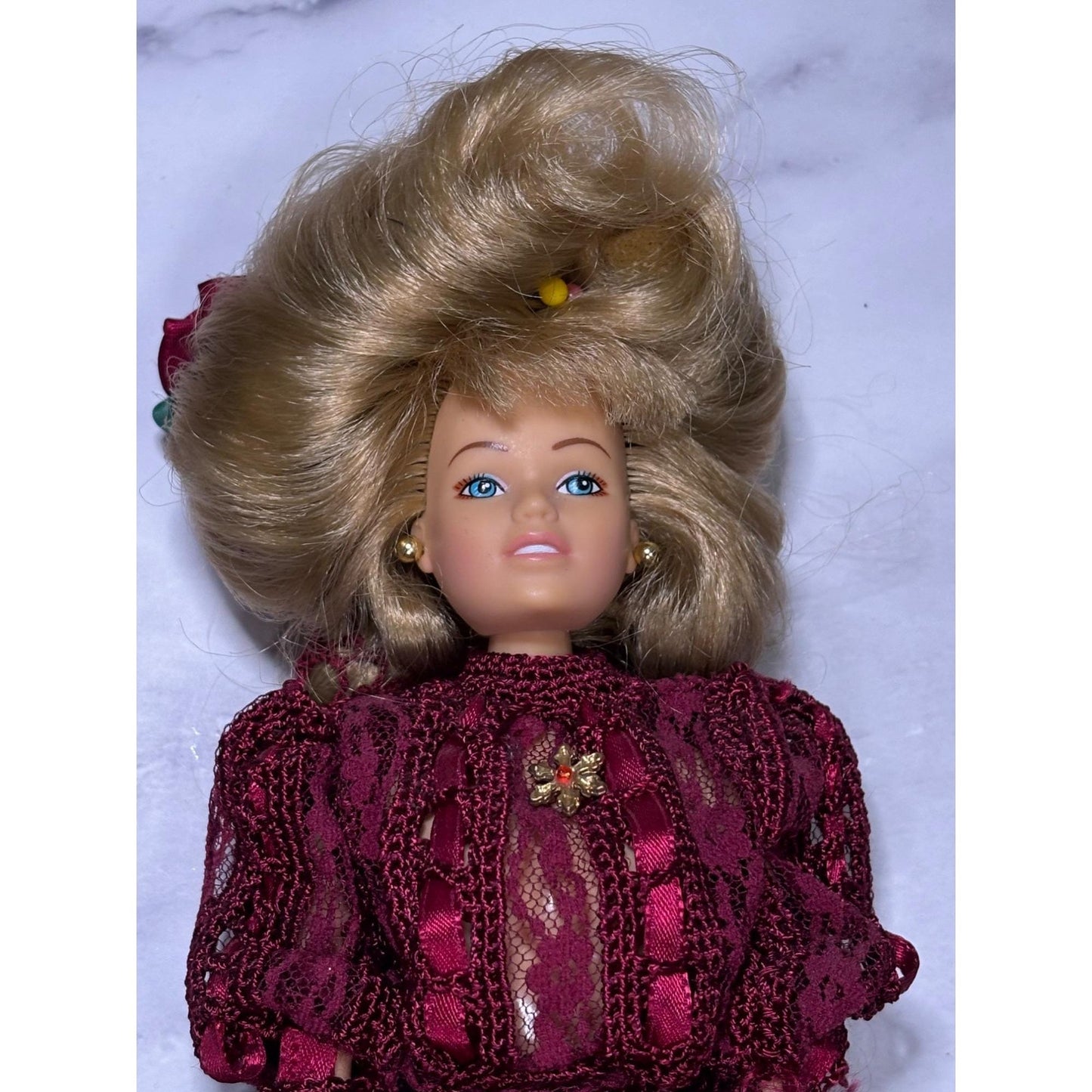 Red Dress Blonde Hair Barbie Doll Shoes Purse Hat Flowers Crochet metal