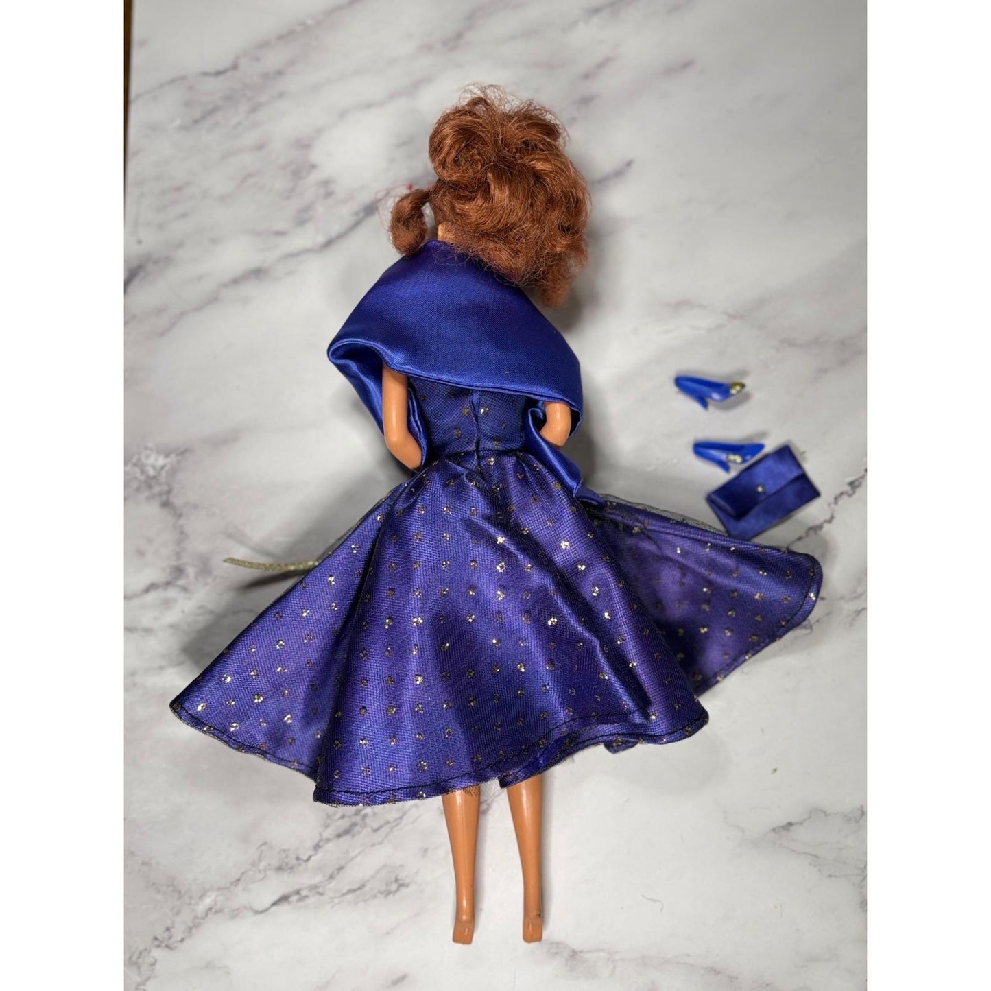 Purple Gold Dress Brunette Hair Barbie Doll glitter Shoes Scarf Wrap Shawl Purse