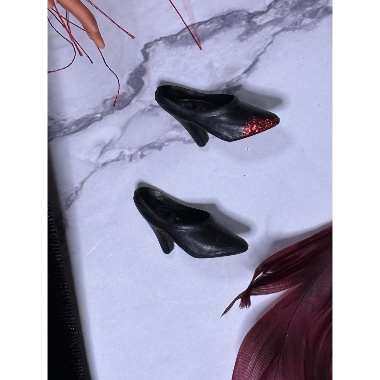 Red and Black Blonde Barbie Doll glitter Shoes Dress Scarf Wrap Shawl furry coat