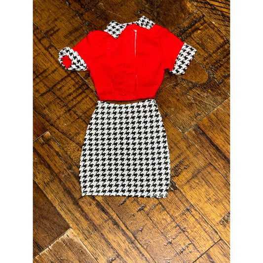 Barbie Vintage Black White Houndstooth Mini Skirt Red Top w/ Matching Trim