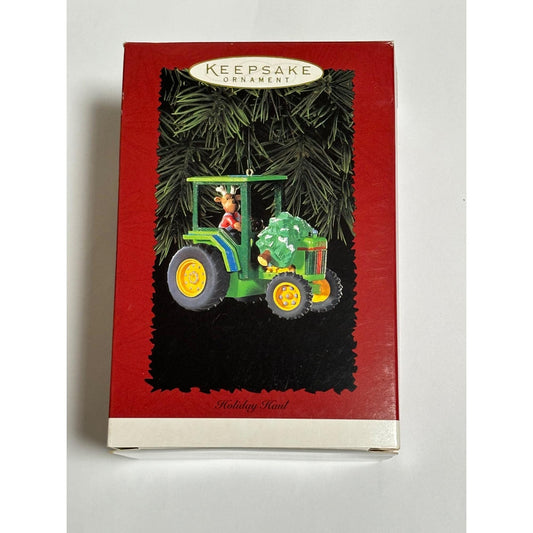Hallmark Christmas Ornament 1996 Holiday Haul Reindeer Green Tractor