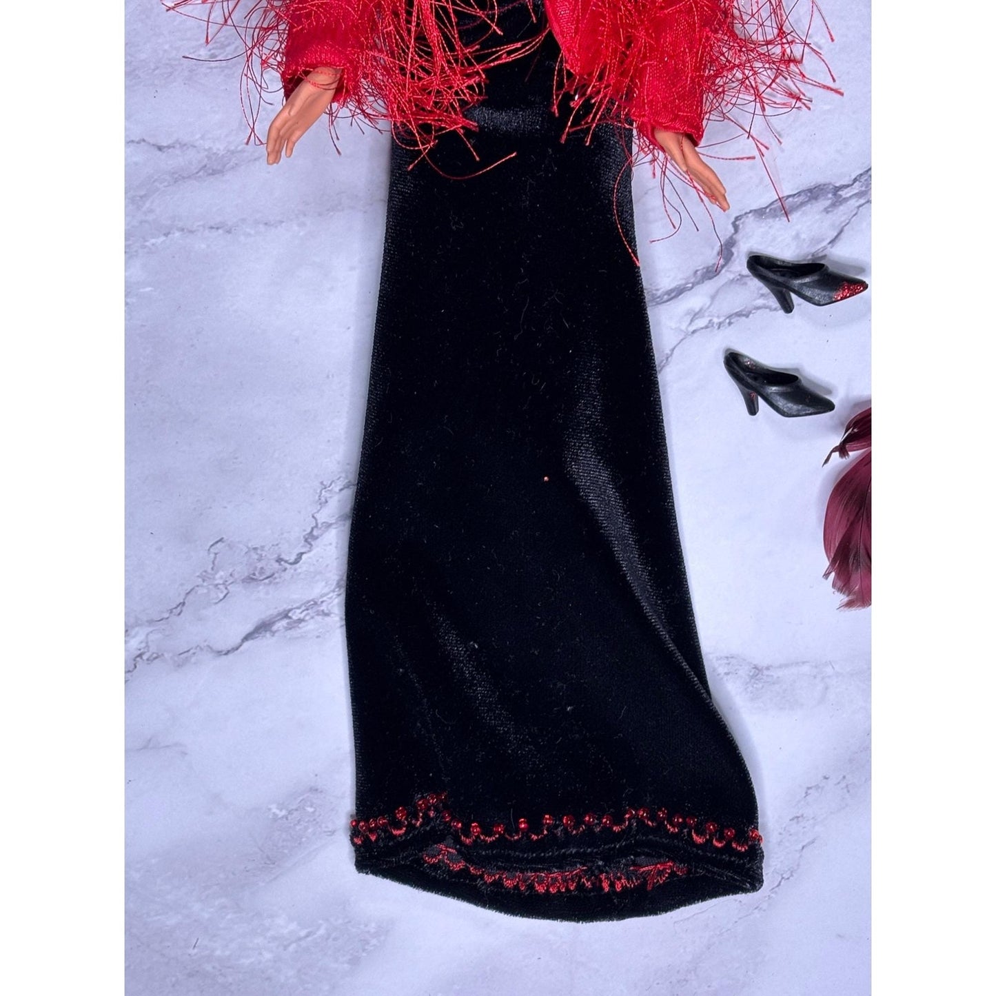 Red and Black Blonde Barbie Doll glitter Shoes Dress Scarf Wrap Shawl furry coat