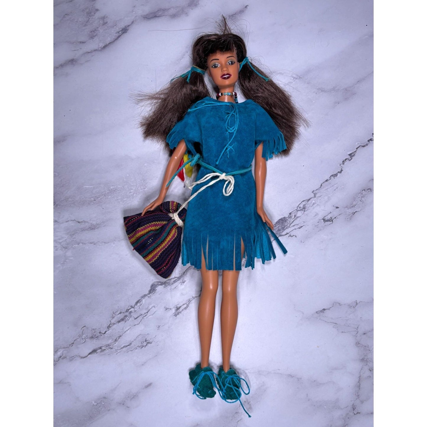 Native American Indian Barbie Doll blue turquoise feathers bag shoes