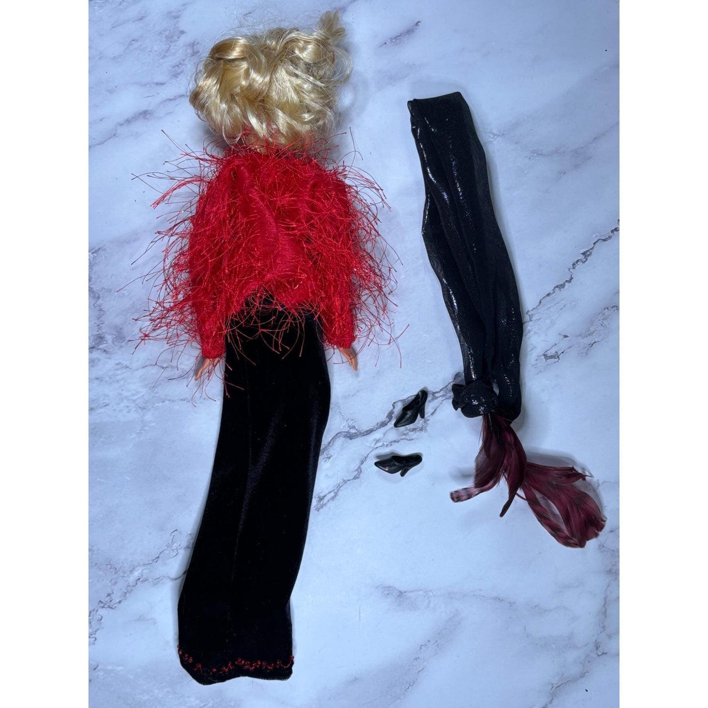 Red and Black Blonde Barbie Doll glitter Shoes Dress Scarf Wrap Shawl furry coat