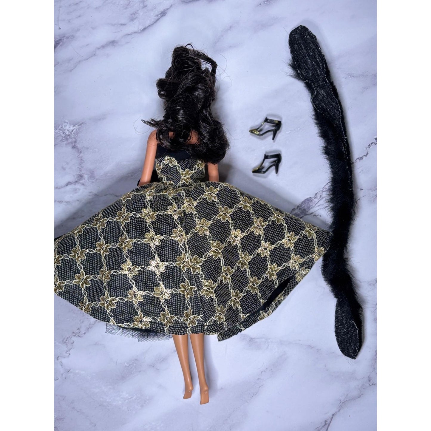 Black Gold Dress Black Hair Barbie Doll glitter Shoes Scarf Wrap Shawl