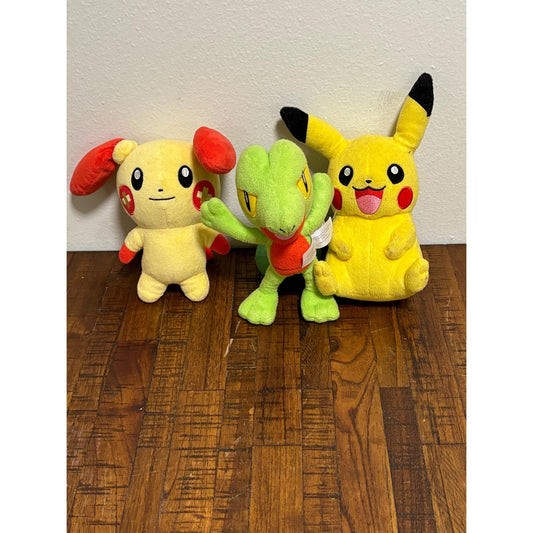 Lot of 3 Tony Pokémon Plushes Stuffed Animals Pikachu 9” Red Ears 10” Treecko 8”