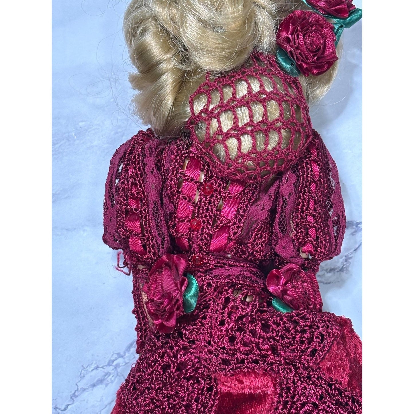 Red Dress Blonde Hair Barbie Doll Shoes Purse Hat Flowers Crochet metal