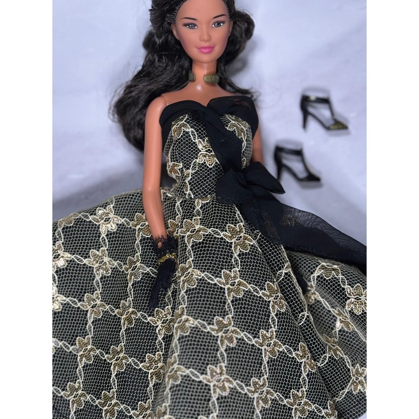 Black Gold Dress Black Hair Barbie Doll glitter Shoes Scarf Wrap Shawl