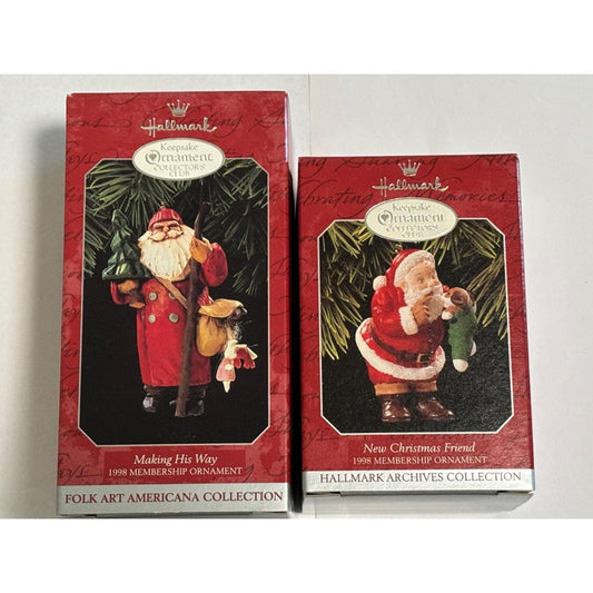 Lot of 2 1998 Hallmark Membership Ornaments Santa Making His way New Friend