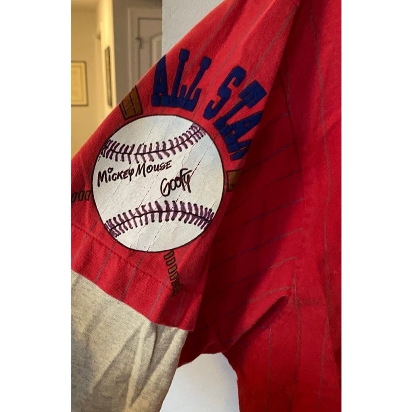 Vintage Rare Disney Studios #28 Team Mickey Mouse Goofy Red Baseball Jersey XL