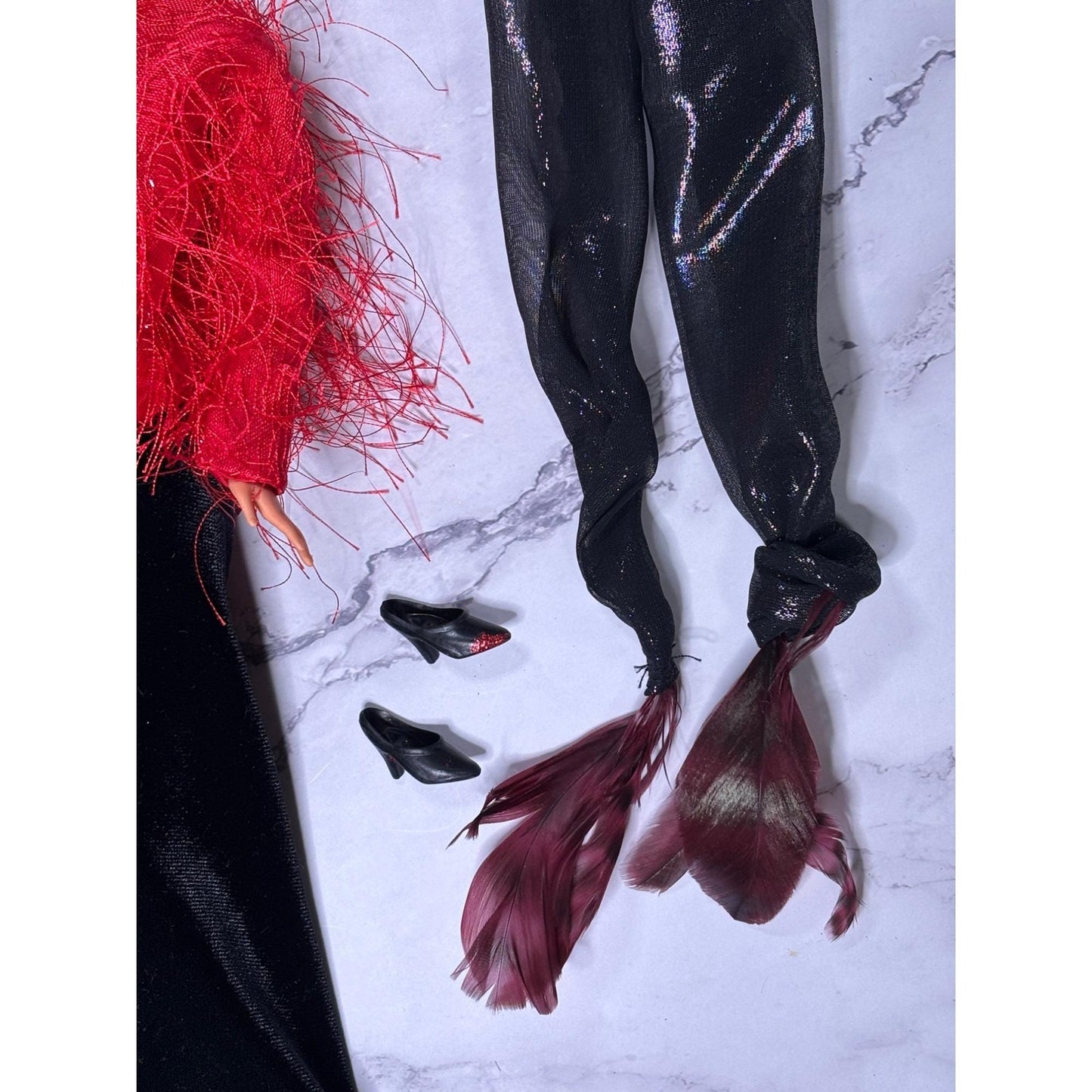 Red and Black Blonde Barbie Doll glitter Shoes Dress Scarf Wrap Shawl furry coat