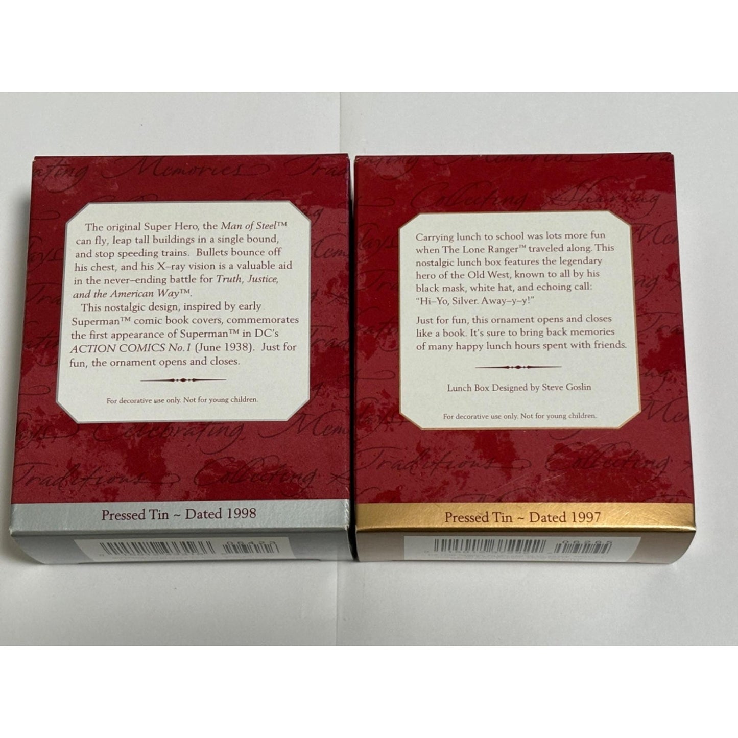 Lot of 2 Hallmark Ornaments Pressed Tin Lunchboxes Line Ranger 1997 Superman 1998