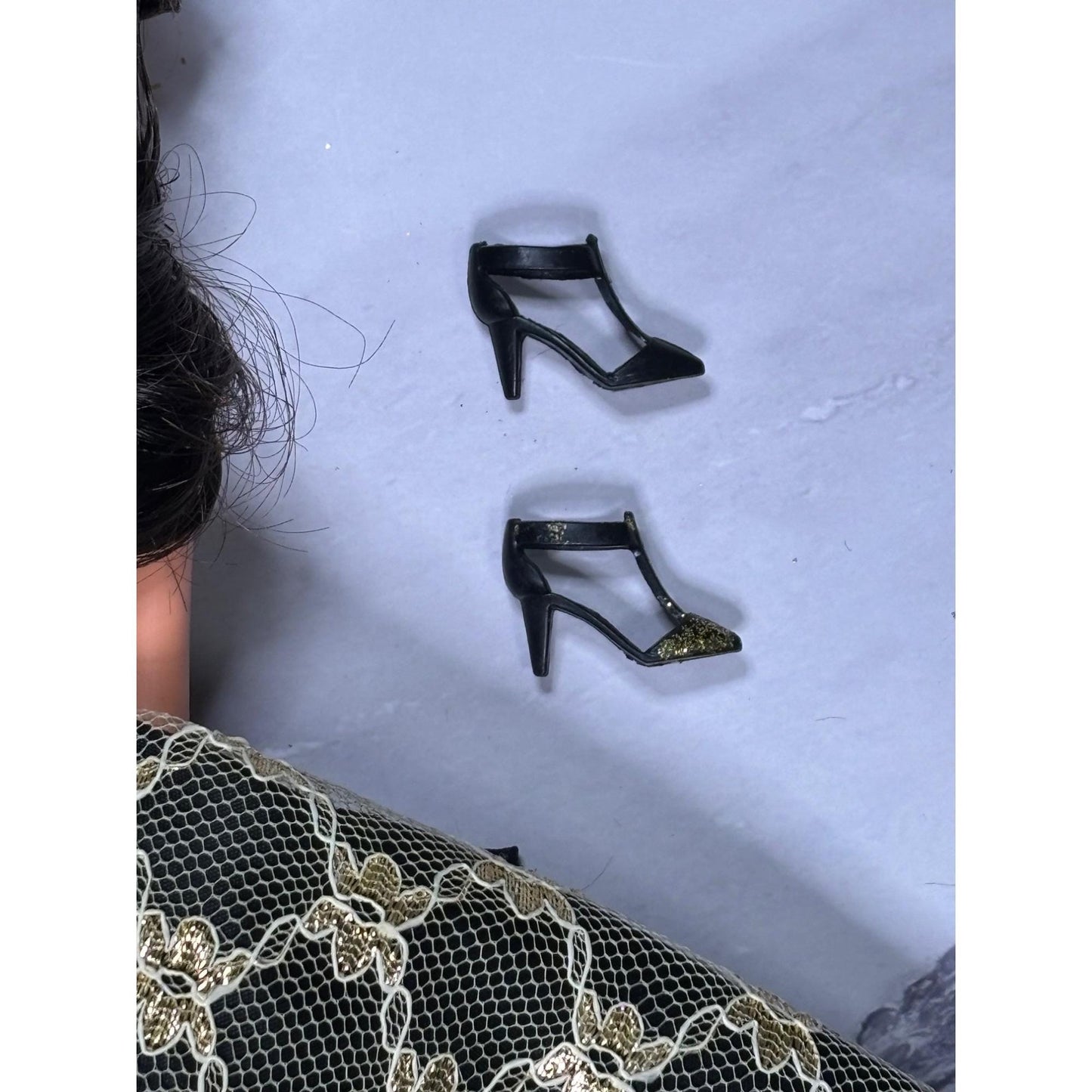 Black Gold Dress Black Hair Barbie Doll glitter Shoes Scarf Wrap Shawl